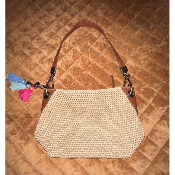The Sak Handbags - The Sak Woven Shoulder Bag Bohemian Tassel Zipper Accent Bag Charm Purse Nuetral